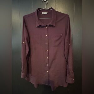 Calvin Klein Women’s Convertible-Sleeves  Button-Down Shirt — Deep Plum